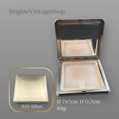 835 Silber Puderdose mit Spiegel, Hammerschlag Handarbeit, 1930er Art Déco