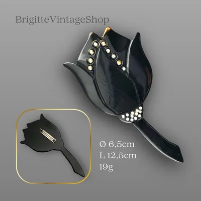Tulpenbrosche schwarz mit Strasssteinen, Art-Déco-Stil, Vintage Modeschmuck