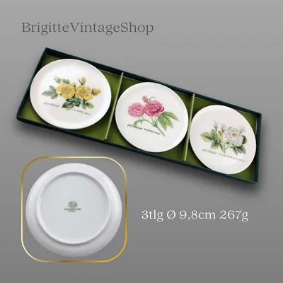 Hutschenreuther Porzellanuntersetzer 3-teilig, Rosier Motive IV/VI/VII, Meisterwerke P.J. Redouté, Rosendekor, Vintage