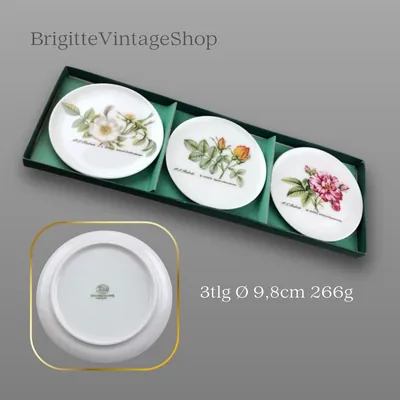 Hutschenreuther Porzellanuntersetzer 3-teilig, Rosier Motive X/XI/XII, Meisterwerke P.J. Redouté, Rosendekor, Vintage
