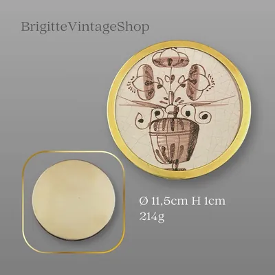 Messing Untersetzer Ø 11,5 cm mit handbemalter Delfter Fayence-Kachel, Jugendstil