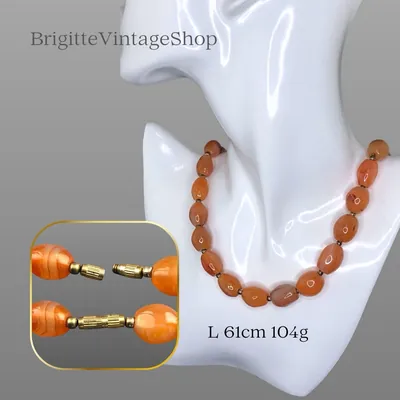 Karneol Perlenkette mit Messingperlen, Chalcedon Varietät, geschliffener Naturstein, Farbspektrum, Handarbeit, Vintage Schmuck