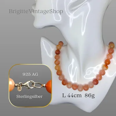 Karneol Perlenkette, Chalcedon Varietät, Naturstein Farben, Energiestein Widder, Vintage Unisex Kette