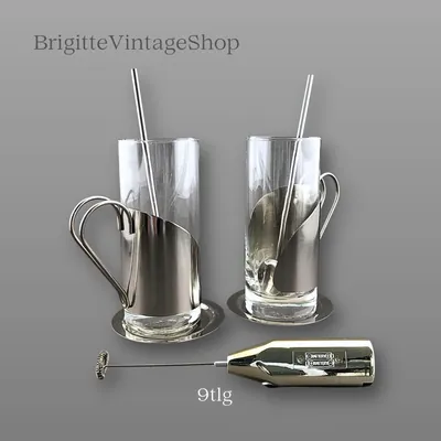 Café Latte Set Edelstahl mit Gläsern, Löffeln und Milchaufschäumer