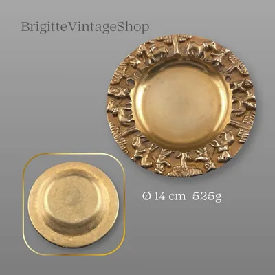 Messing Bronze Kunstguss Schmuckteller, kleine Schale mit Reliefarbeit, naive Volkskunst