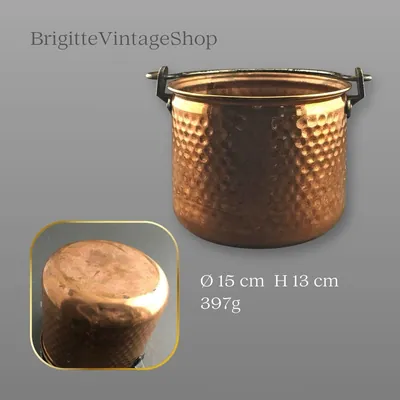 Kupfer Topf Ø 14/15 cm, Cachepot mit Hammerschlag und Eisenhenkel, Handarbeit
