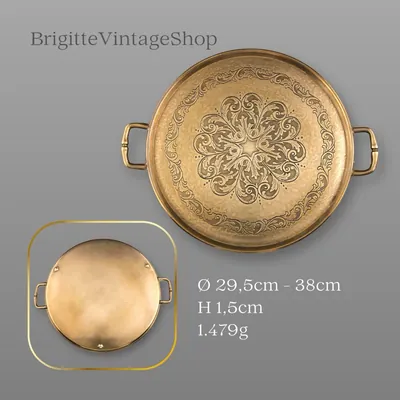 Messing Henkeltablett Ø 29,5–38 cm, florale Gravur, Gilde Handwerk, Orientstil