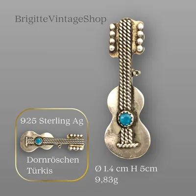 925 Sterling Silber Brosche Gitarre mit Türkis, Navajo Zuni Indianerschmuck