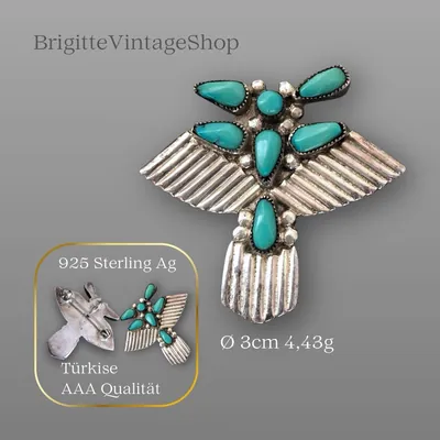 925 Sterling Silber Donnervogel Brosche Anhänger mit Türkis Cabochons, Navajo Zuni