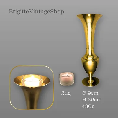 Messing Vase und Kerzenständer, 2-teilig mit Teelichtglas-Einsatz, Antikdesign